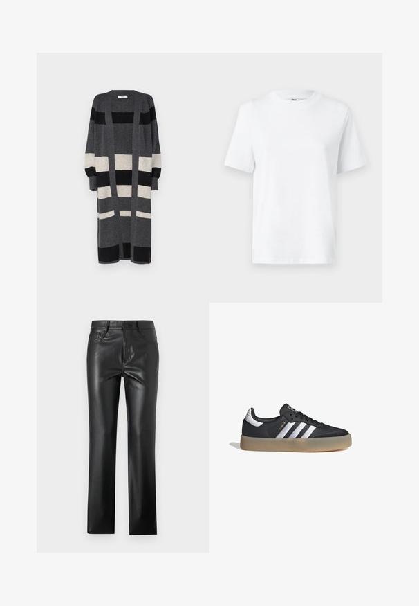 Cárdigan largo gris con rayas verticales negras y crema. Presenta un frente abierto, mangas anchas y un ajuste holgado. Textura suave.; Camiseta de algodón blanca de cuello redondo con mangas cortas y una textura suave. Diseñada con un ajuste relajado para mayor comodidad y versatilidad.; Pantalones de cuero negro con un diseño de pierna recta, que cuentan con bolsillos frontales, cierre de botón y una textura suave y brillante.; Zapatilla deportiva de cuero negro con tres rayas plateadas, punta texturizada y suela de goma. Cuenta con un collar acolchado y un diseño con cordones.