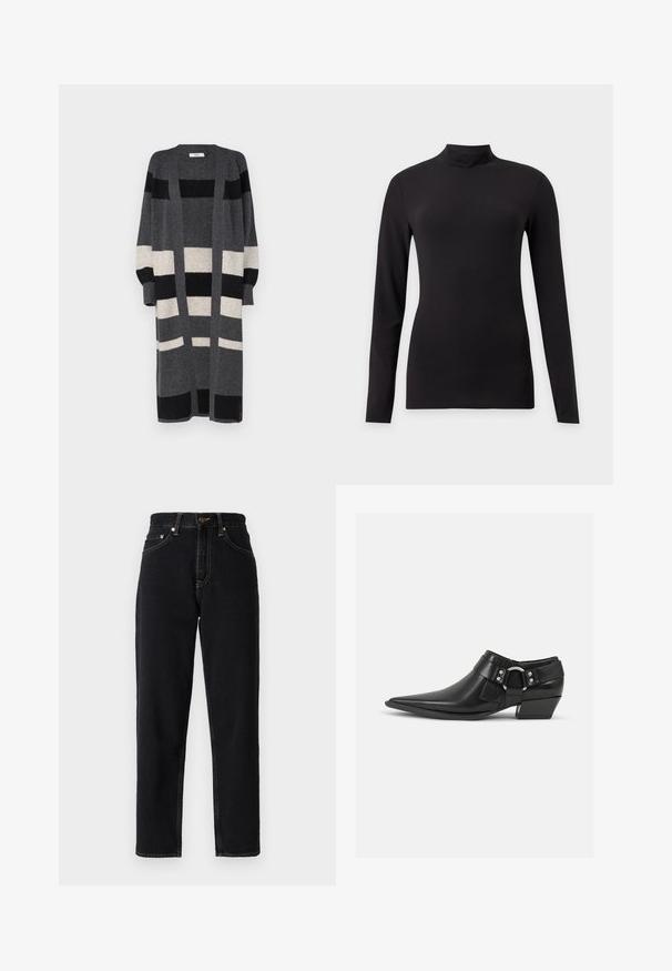 Cárdigan largo gris con rayas verticales negras y crema. Presenta un frente abierto, mangas anchas y un ajuste holgado. Textura suave.; Top negro ajustado de manga larga con cuello alto simulado, mostrado sobre un fondo liso gris claro.; Jeans de mezclilla negros con un diseño de pierna recta, cintura alta y costuras en contraste. Cuenta con cinco bolsillos y cierre de cremallera.; Botas de cuero negras hasta el tobillo con puntera puntiaguda, que presentan una correa de cuero en la parte delantera y un detalle de hebilla plateada, además de un tacón bajo y cuadrado.