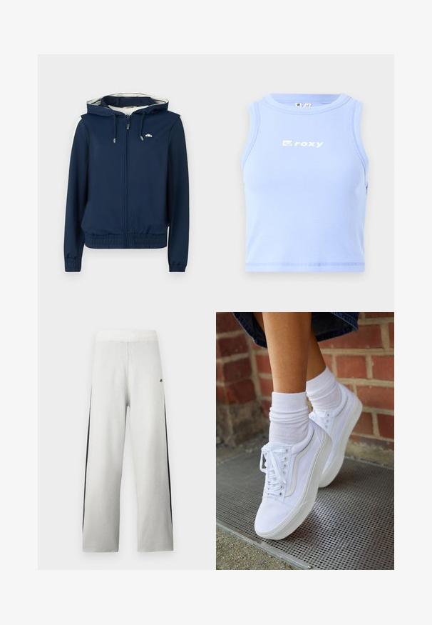 Marineblauwe hoodie-jack met een rits aan de voorkant, elastische tailleband, zijstrepen en een capuchon met verstelbaar trekkoord. Glad materiaal, zonder patronen.; Lichtblauw geribbeld tanktop met een ronde halslijn en het "roxy" logo in het wit over de borst; aansluitend ontwerp en cropped lengte.; Grijze joggers met een wijd benedengedeelte, voorzien van een zwarte zijstreep en een geribbelde tailleband. Gemaakt van zacht, gestructureerd materiaal.; Witte canvas sneakers met rubberen zolen, voorzien van zes vetertjes, een ronde neus en lichte stikdetails, gecombineerd met witte enkelsokken.