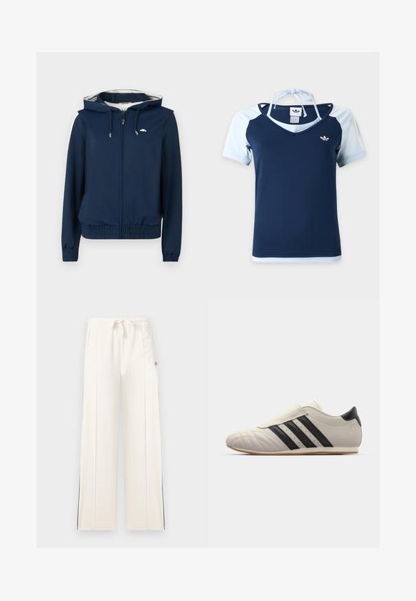 Marineblauwe hoodie-jack met een rits aan de voorkant, elastische tailleband, zijstrepen en een capuchon met verstelbaar trekkoord. Glad materiaal, zonder patronen.; Marineblauw en lichtblauw Adidas top met korte mouwen, V-hals, logo op de borst en halterbandje vastgeknoopt aan de achterkant van de nek.; Witte sweatpants met wijde pijpen, een elastische taille met trekkoord, zijzakken, verticale naaddetails en subtiele zwarte strepen langs de buitenkant van de broekspijpen.; Lichtgrijze sneaker met zwarte strepen, ronde neus, glad leren bovenwerk, een klittenbandsluiting en een rubberen zool.