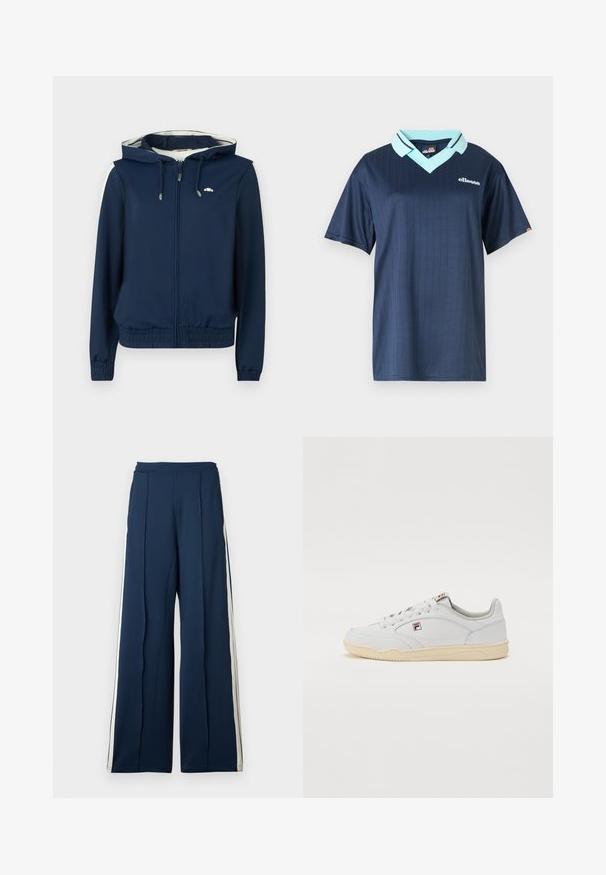 Marineblauwe hoodie-jack met een rits aan de voorkant, elastische tailleband, zijstrepen en een capuchon met verstelbaar trekkoord. Glad materiaal, zonder patronen.; Donkerblauwe polo met korte mouwen, voorzien van een lichte blauwe kraag en een verticale streepjespatroon. Heeft een wit merklogo op de borst.; Wijdvallende broek in donkerblauwe stof met zandkleurige zijkanten. Heeft een hoge tailleband en geplooide details voor extra structuur.; Witte leren sneakers met een laag ontwerpprofiel, crème rubberen zool en subtiele stiksels. Voorzien van een klein logo nabij de veters.