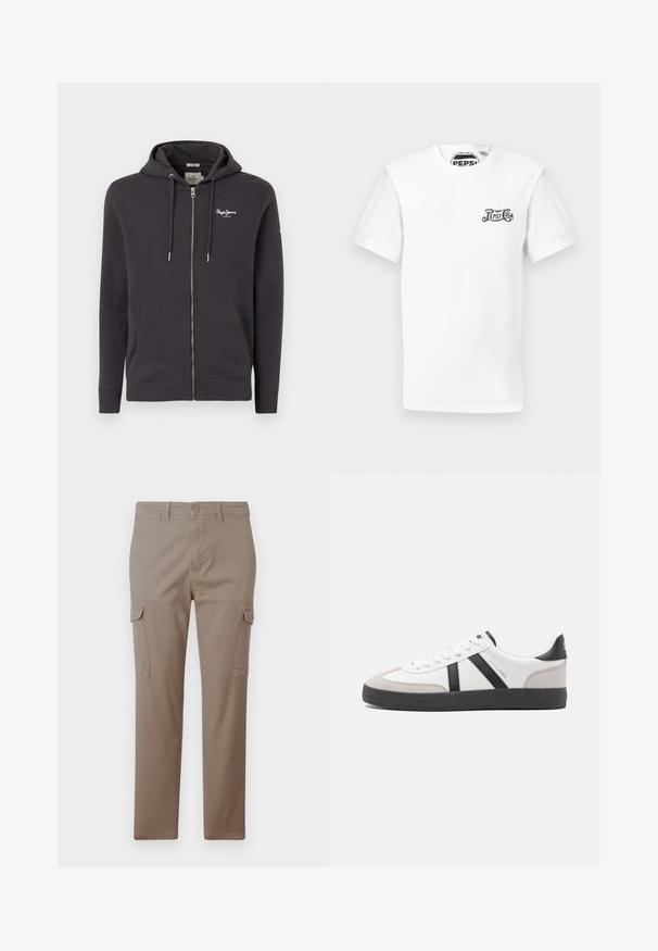 Sudadera con cremallera de color gris oscuro, fabricada en un material suave, que presenta un logotipo bordado, capucha con cordón y dos bolsillos frontales. Textura suave.; Camiseta de cuello redondo de manga corta blanca con pequeño logotipo negro de "Pepsi-Cola" en el lado izquierdo del pecho y etiqueta de marca en el cuello.; Jack & Jones Cargo Tapered Fit - Pantalones cargo - brindle; Zapatilla blanca con acentos en negro y gris, que presenta una puntera texturizada en gris, suela de goma negra y cordones planos blancos. Diseño limpio, estilo minimalista.