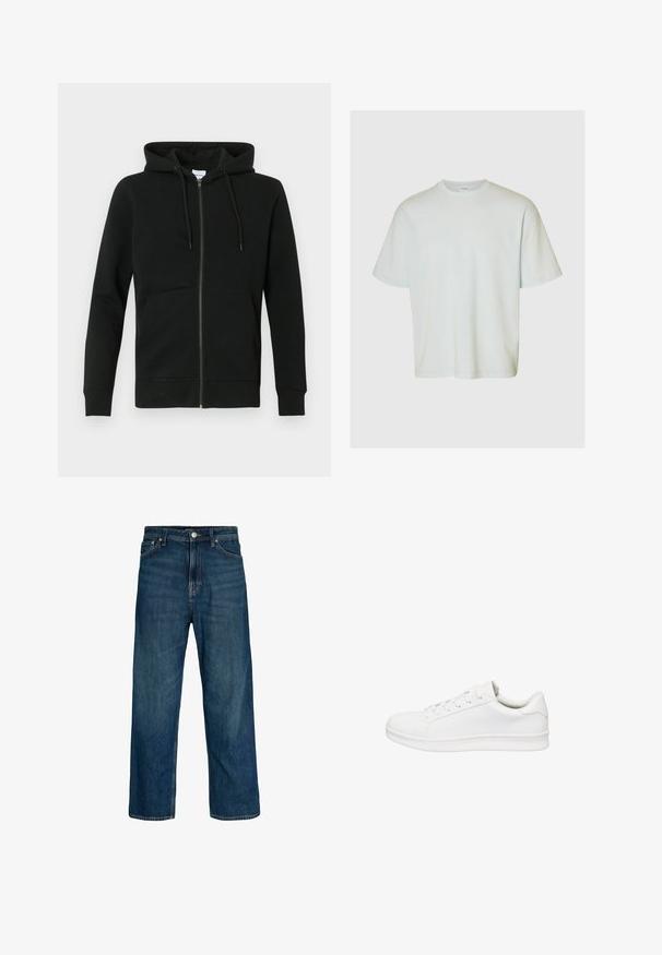 Sweat à capuche noir zippé en tissu doux, avec une capuche, des manches longues, des poches avant et des poignets et ourlets côtelés. Design minimaliste.; Selected SLMLOOSEOSCAR - T-shirt basique - ice melt; Jean droit bleu pour homme avec cinq poches et fermeture par bouton, présenté sur un fond blanc.; Basket basse blanche avec fermeture à lacets, tige en cuir lisse, col rembourré et semelle épaisse en caoutchouc, présentée de profil sur fond blanc.