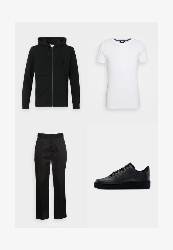 Zwarte zip-up hoodie gemaakt van zachte stof, voorzien van een capuchon, lange mouwen, zakken aan de voorkant en geribbelde manchetten en zoom. Minimalistisch ontwerp.; Lindbergh T-shirt basic - white; Zwarte broek van een gladde stof, met een rechte pijp ontwerp, riemlussen en twee zijzakken. Klassieke uitstraling zonder versieringen.; Zwarte Nike Air Force 1 sneaker met een gladde leren bovenkant, geperforeerde neus voor ademend vermogen, zwarte veters en een getextureerde rubberen zool.