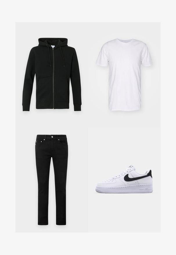 Musta vetoketjullinen huppari, valmistettu pehmeästä kankaasta, jossa on huppu, pitkät hihat, etutaskut sekä resorit hihansuissa ja helmassa. Minimalistinen muotoilu.; Selected SLHASPEN SLUB TEE - T-paita - bright white; Mustat slim-fit farkut viidellä taskulla, metallinappi ja vyölenkit, asetettuna tasaisesti valkoista taustaa vasten.; Valkoinen nahkakenkä, jossa on teksturoitu musta Swoosh, litteät nauhat ja kumipohja, jossa on uritettu malli. "AIR" on painettu kantapään kohdalle.