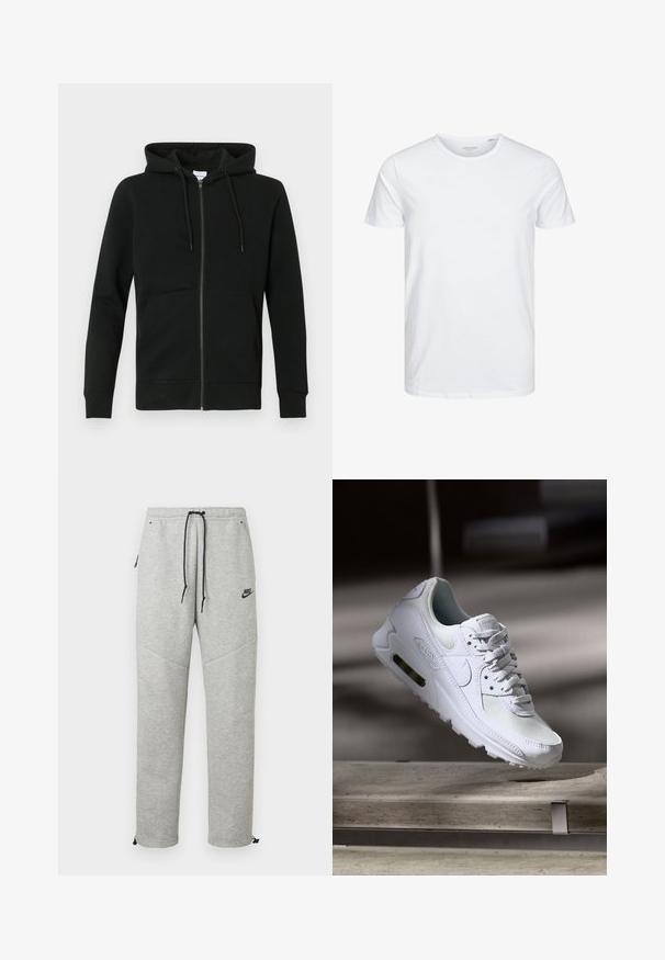 Sweat à capuche noir zippé en tissu doux, avec une capuche, des manches longues, des poches avant et des poignets et ourlets côtelés. Design minimaliste.; T-shirt à col rond à manches courtes de couleur blanche unie, fabriqué en coton doux, avec un design simple sans motifs ni accents visibles.; Pantalons de survêtement Nike gris avec taille élastique à cordon, poches latérales et poignets élastiques. Caractérisés par une texture lisse et un logo noir contrastant.; Sneaker Nike Air Max 90 blanche avec une tige en mesh et cuir, une boîte à orteils perforée et une unité air visible au talon.