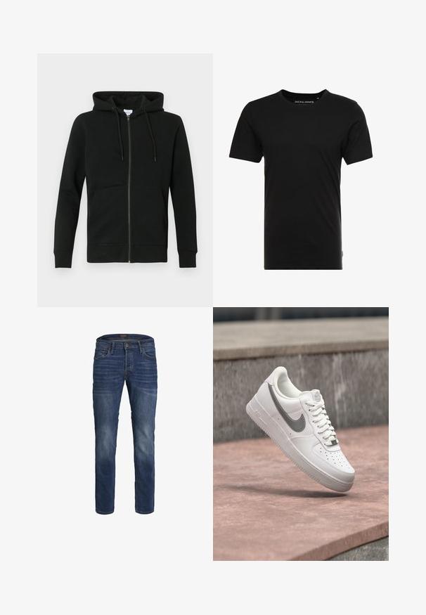 Sweat à capuche noir zippé en tissu doux, avec une capuche, des manches longues, des poches avant et des poignets et ourlets côtelés. Design minimaliste.; T-shirt noir à manches courtes en coton, avec un col rond et une étiquette logo discrète sur le côté. Design simple et polyvalent.; Jean slim bleu foncé avec un léger délavage, design à cinq poches, fermeture à bouton et coutures visibles.; Baskets blanches Nike Air Force 1 avec logo swoosh gris flottant au-dessus d'une surface en pierre et un mur en pierre gris en arrière-plan.