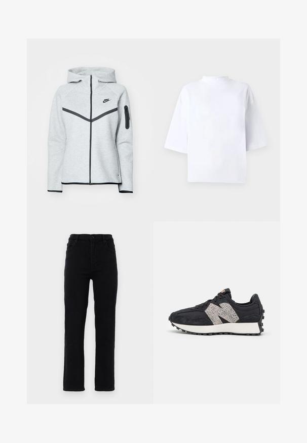 Grå lynlås-hoodie med hætte og sorte accenter, der har et diagonalt design på forsiden, Nike-logo og en lynlåslomme på ærmet.; Hvid bomulds t-shirt med korte ærmer, høj, rund hals og løs pasform. Glat tekstur uden synlige mønstre eller detaljer.; Sorte jeans i denim med lige ben, en mellemhøj talje og fem lommer. Har en frontlukning med knap og bæltestropper.; Sort atletisk sko med en struktureret sort ruskind og mesh overside, der har et fremtrædende prikket accentlogo og en hvid mellemsål.