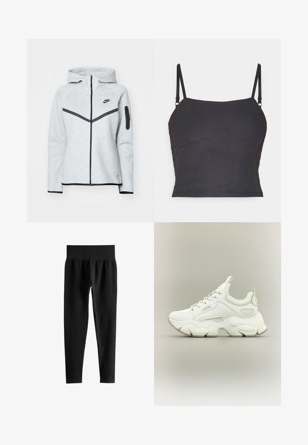 Sudadera gris con cremallera y capucha, con detalles en negro, que presenta un diseño diagonal en la parte delantera, el logo de Nike y un bolsillo con cremallera en la manga.; Camiseta de tirantes delgados en color negro con textura acanalada y diseño ajustado, que presenta una textura suave y un escote recto.; Leggings negros acanalados de cintura alta con una ancha cinturilla elástica y piernas ajustadas de largo completo sobre un fondo blanco.; Zapatilla blanca gruesa con suela texturizada gruesa, parte superior de malla y cuero, cierre de cordones y lengüetas en la lengüeta y el talón.