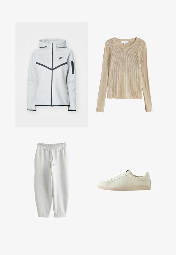 Grijze rits hoodie met een capuchon en zwarte accenten, voorzien van een diagonale ontwerp aan de voorkant, het Nike-logo en een ritszak op de mouw.; Beige geribbelde lange mouw gebreide trui met ronde hals en slim fit, plat weergegeven met label zichtbaar bij de kraag.; Lichtgrijze sweatpants met elastische tailleband en trekkoord, met taps toelopende pijpen en zichtbare naaddetails.; Witte leren lage sneaker met een textuur oppervlak, vetersluiting en een beige rubberen zool, zijaanzicht op een witte achtergrond.