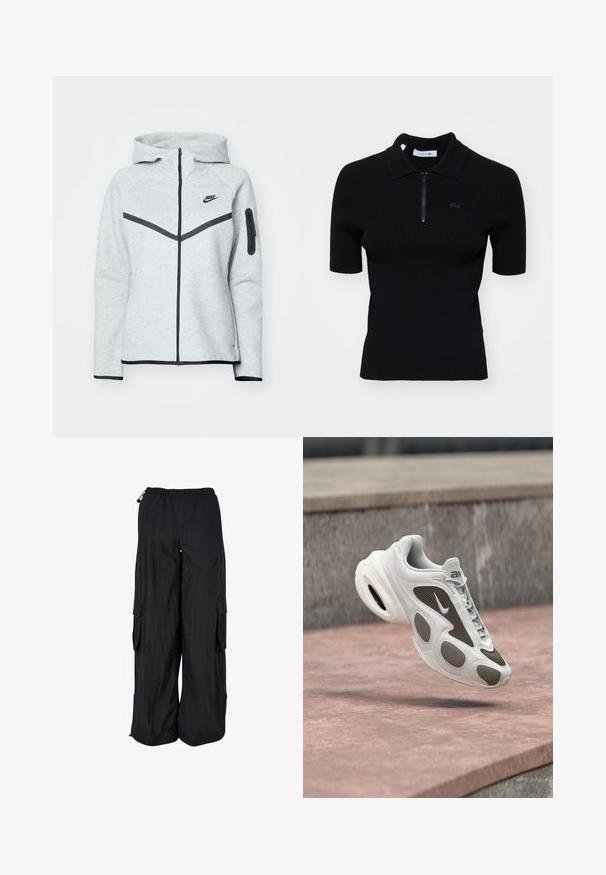 Grauer Reißverschluss-Hoodie mit Kapuze und schwarzen Akzenten, ausgestattet mit einem diagonalen Design auf der Vorderseite, dem Nike-Logo und einer Reißverschlusstasche am Ärmel.; Schwarz gestreifter Poloshirt mit kurzen Ärmeln, Reißverschlusskragen und einem subtilen Logodetail. Hergestellt aus strukturiertem Strickmaterial.; Schwarze Cargo-Hose mit weitem Bein, elastischem Bund, seitlichen Klappentaschen und verstellbaren Kordeln an Bund und Saum.; Weißer und grauer Nike-Sneaker schwebt über einer Steinoberfläche, mit Schnürverschluss vorne und sichtbarer Luftdämpfung in der Sohle.