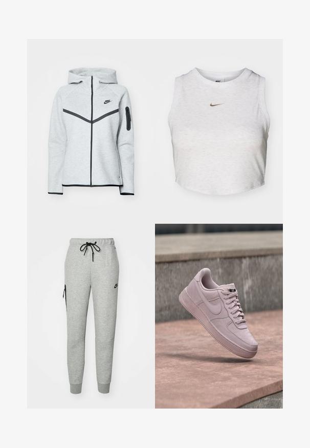 Grauer Reißverschluss-Hoodie mit Kapuze und schwarzen Akzenten, ausgestattet mit einem diagonalen Design auf der Vorderseite, dem Nike-Logo und einer Reißverschlusstasche am Ärmel.; Weißes Crop-Top aus weichem, strukturiertem Stoff. Verfügt über einen runden Ausschnitt und einen ärmellosen Schnitt mit einem kleinen goldenen Nike-Logo auf der Vorderseite.; Graue Jogginghose aus weichem Material mit einem Zugbandbund, schmal zulaufenden Beinen und einer Reißverschlusstasche auf der linken Seite. Mit schwarzem Logo.; Hellrosa Nike Air Force 1 Sneaker schwebt über einer rosa gefärbten Betonfläche mit einer grauen Steinmauer im Hintergrund.