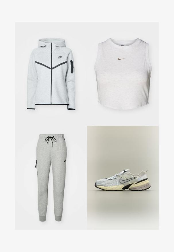 Sudadera gris con cremallera y capucha, con detalles en negro, que presenta un diseño diagonal en la parte delantera, el logo de Nike y un bolsillo con cremallera en la manga.; Top corto blanco hecho de una tela suave y texturizada. Presenta un cuello redondo y un diseño sin mangas, con un pequeño logotipo dorado de Nike en la parte delantera.; Pantalones de chándal grises de tejido suave con cintura ajustable por cordón, piernas ajustadas y un bolsillo con cremallera en el lado izquierdo. Presenta un logo negro.; Zapatilla Nike blanca y gris con parte superior de malla, logo swoosh negro, entresuela beige y suela negra sobre un fondo claro.
