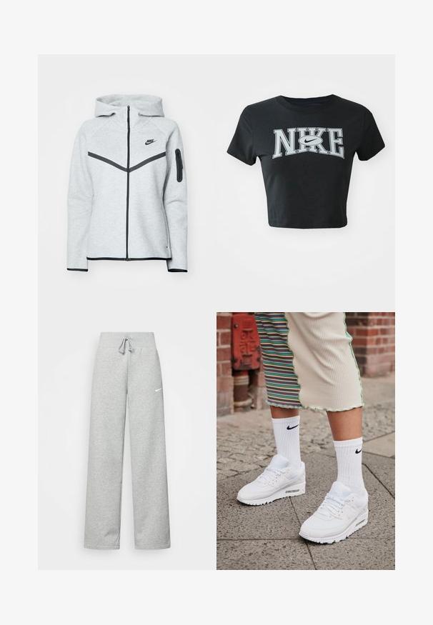 Grå lynlås-hoodie med hætte og sorte accenter, der har et diagonalt design på forsiden, Nike-logo og en lynlåslomme på ærmet.; Sort cropped t-shirt lavet af blødt stof med rund halsudskæring. Har stort hvidt Nike-logo i fed skrift på forsiden.; Grå sweatpants med elastisk talje, snor detaljer og et lille hvidt Nike-logo på venstre lår. Blødt stof, løs pasform.; Hvide Nike Air Max 90 sneakers med mesh og læderoverdel, der har en synlig luftenhed, parret med hvide ribbede sokker med sort logo.