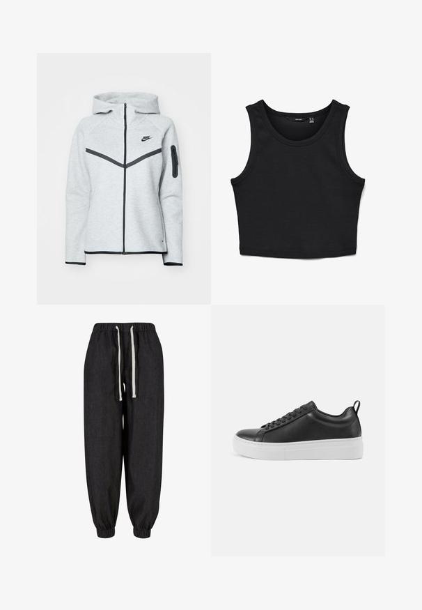 Grå lynlås-hoodie med hætte og sorte accenter, der har et diagonalt design på forsiden, Nike-logo og en lynlåslomme på ærmet.; Sort cropped tank top lavet af ribbet stof. Har brede stropper og en rund halsudskæring med en tætsiddende pasform.; Sorte joggebukser lavet af blødt stof, med elastisk talje og snoretræk, ribkant ved anklerne og en afslappet pasform.; Sort lædersneaker med tyk hvid sål, rundet tå, snørebånd foran og en lille træktap ved hælen. Glat tekstur.