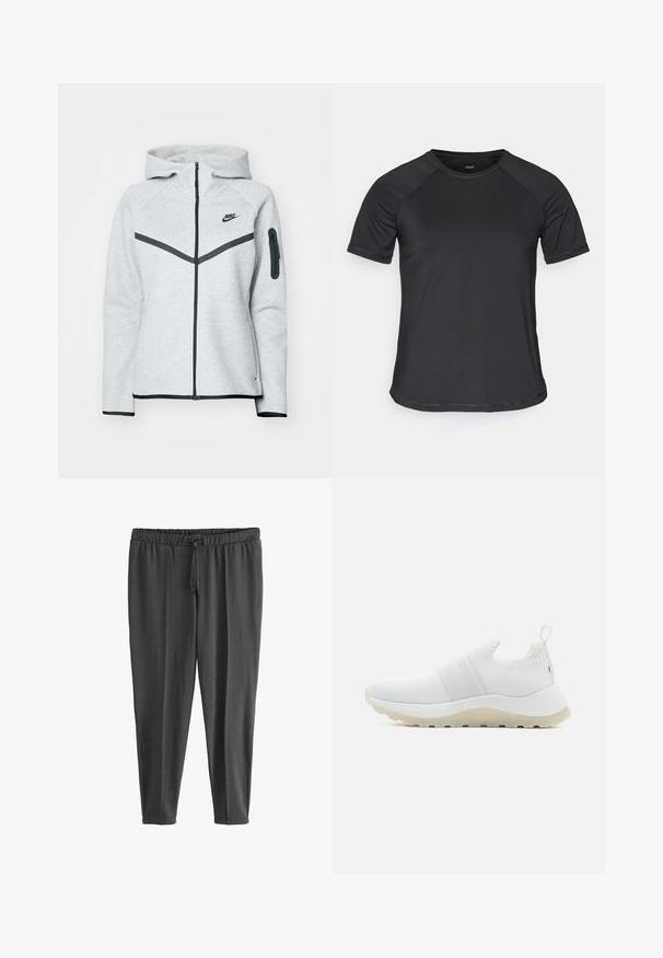 Hallitusroheline kapuutsiga pusa, millel on mustad aktsendid, esiküljel diagonaalne kujundus, Nike'i logo ja lukuga tasku varrukal.; Must have lühikeste varrukatega must sportlik särk, raglanvarrukatega, sile tekstuur ja ümar kaelus. Omab õmmeldud õmblusi ja mugavat lõiget.; Tumedhallid, kerged püksid pehmest kangast. Varustatud elastse vöökohaga ja nööriga ning kitsenevate säärtega. Sile tekstuur.; Calvin Klein RUNNER SLIP ON - Tossud - white