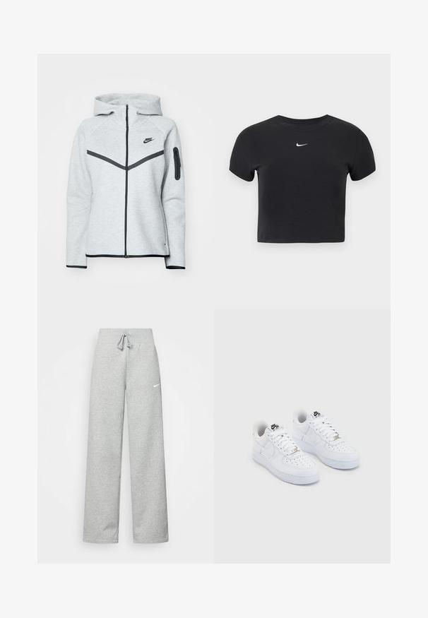 Grauer Reißverschluss-Hoodie mit Kapuze und schwarzen Akzenten, ausgestattet mit einem diagonalen Design auf der Vorderseite, dem Nike-Logo und einer Reißverschlusstasche am Ärmel.; Schwarzes, kurz geschnittenes T-Shirt aus Baumwolle mit rundem Ausschnitt und kurzen Ärmeln. Auffälliges weißes Nike-Logo auf der Brust.; Graue Jogginghose mit elastischem Bund, Kordelzug und kleinem weißen Nike-Logo am linken Oberschenkel. Weicher Stoff, locker sitzend.; Weiße Nike Air Force 1 Sneaker mit einem geschmeidigen Obermaterial aus Leder, perforierter Zehenbox, weißen Schnürsenkeln und schwarzem Branding auf der Zunge.