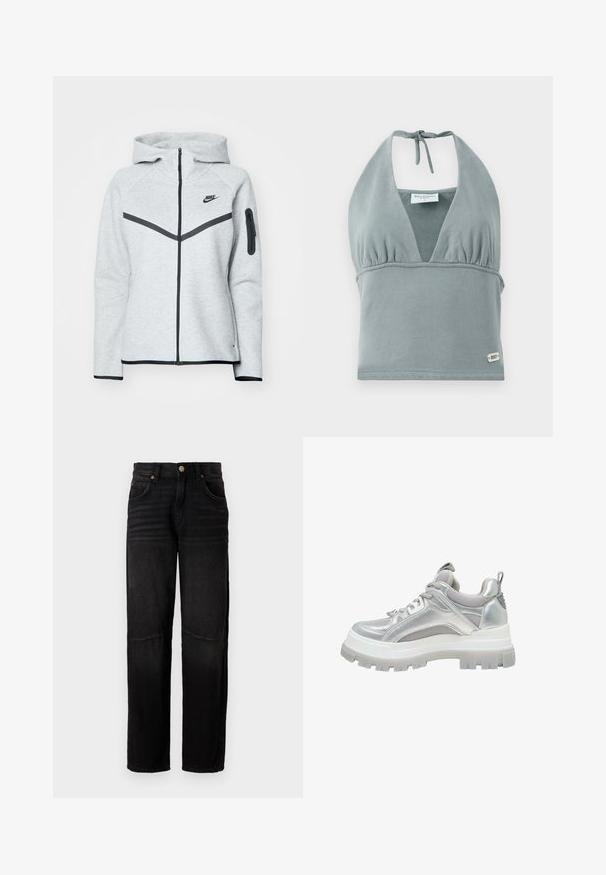 Grauer Reißverschluss-Hoodie mit Kapuze und schwarzen Akzenten, ausgestattet mit einem diagonalen Design auf der Vorderseite, dem Nike-Logo und einer Reißverschlusstasche am Ärmel.; Halterneck-Crop-Top in gedämpftem Grau, aus weichem Stoff gefertigt, mit gerafftem Bustier, Netzelementen und einem kleinen Logotag am Saum.; Schwarze Jeans aus Denim mit geradem Bein, fünf Taschen, Knopfverschluss und dezenten Ausbleichungen an den Oberschenkeln und Knien.; Chunky Sneaker mit silberner Sohle, Mesh-Einsätzen, gepolstertem Kragen, Schnürverschluss und Zuglasche an der Ferse, seitliche Ansicht.