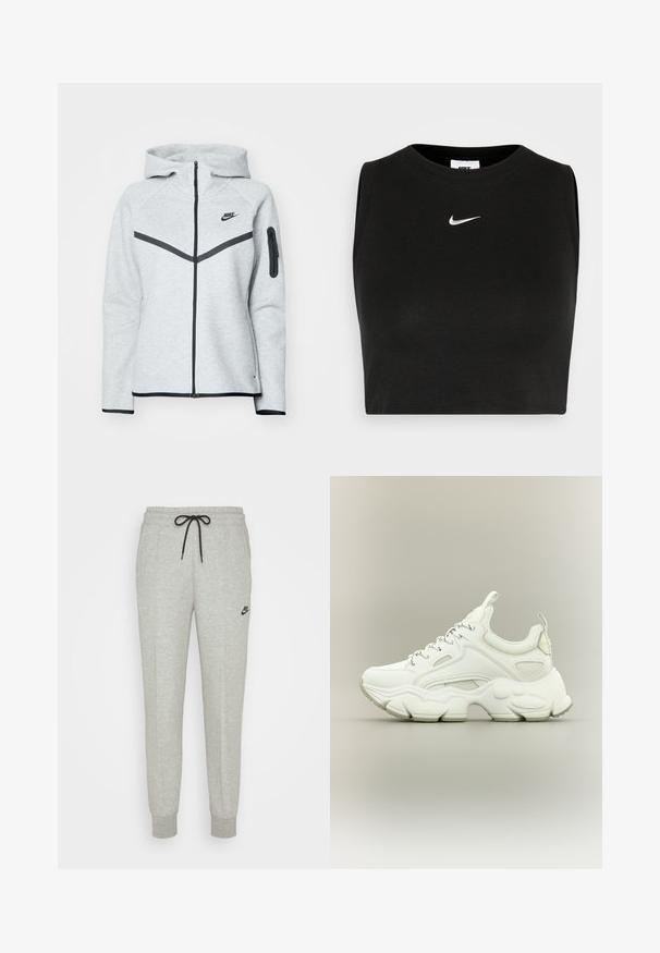 Sudadera gris con cremallera y capucha, con detalles en negro, que presenta un diseño diagonal en la parte delantera, el logo de Nike y un bolsillo con cremallera en la manga.; Top corto negro sin mangas hecho de material acanalado, con cuello redondo y un pequeño logo blanco de Nike en el pecho.; Pantalones de chándal grises hechos de un material suave, con una cintura elástica, cordón negro y un pequeño logo negro de Nike en el muslo izquierdo.; Zapatilla blanca gruesa con suela texturizada gruesa, parte superior de malla y cuero, cierre de cordones y lengüetas en la lengüeta y el talón.