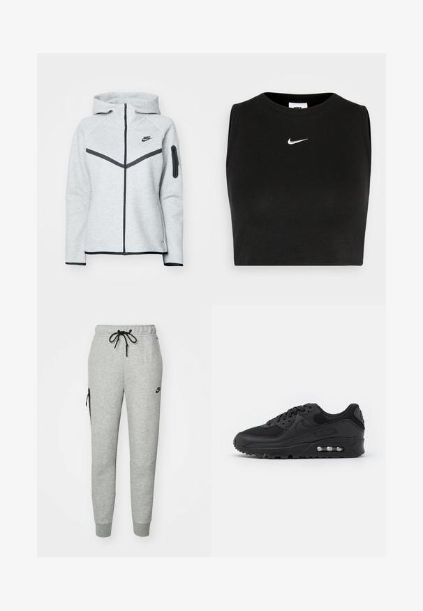 Sudadera gris con cremallera y capucha, con detalles en negro, que presenta un diseño diagonal en la parte delantera, el logo de Nike y un bolsillo con cremallera en la manga.; Top corto negro sin mangas hecho de material acanalado, con cuello redondo y un pequeño logo blanco de Nike en el pecho.; Pantalones de chándal grises de tejido suave con cintura ajustable por cordón, piernas ajustadas y un bolsillo con cremallera en el lado izquierdo. Presenta un logo negro.; Deportivas negras con un upper de cuero liso y malla, punta redonda, acentos texturizados y una unidad de aire visible en la suela.