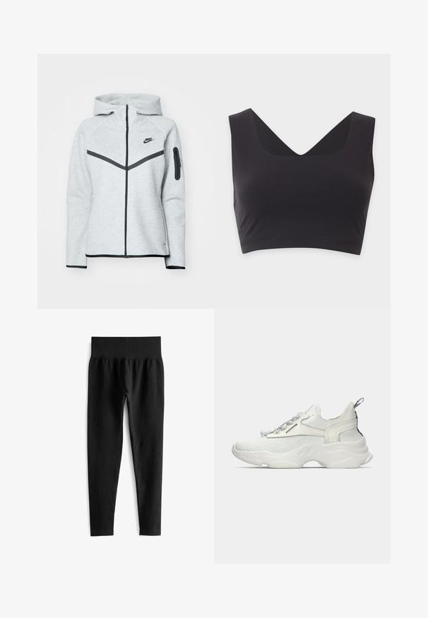 Grå lynlås-hoodie med hætte og sorte accenter, der har et diagonalt design på forsiden, Nike-logo og en lynlåslomme på ærmet.; Sort ærmeløs crop top med brede stropper og dyb V-hals på en ensfarvet lys baggrund.; Sorte ribbede leggings med en bred elastisk talje, der har en tætsiddende silhuet og en glat tekstur. Ingen synlig hardware eller mønstre.; Hvide strikkede sneakers med tyk sål, snørebåndsjustering, trækstrop på hælen og tekstureret mellemsål, vist i sidevisning.