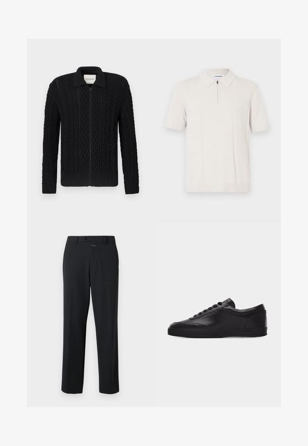 Cardigan noir en maille tricotée avec une fermeture éclair, présentant un motif en torsades texturé, des poignets côtelés et un col.; Polo à manches courtes couleur crème avec col zippé, présentant un motif à rayures texturées verticalement de chaque côté et un ourlet côtelé.; Pantalon noir à coupe droite, en tissu lisse. Il présente une fermeture à bouton à l'avant et des détails de couture subtils. Conception simple sans motifs.; Baskets basses en cuir noir avec lacets sur le devant et semelle en caoutchouc plate, vues de côté sur un fond blanc uni.