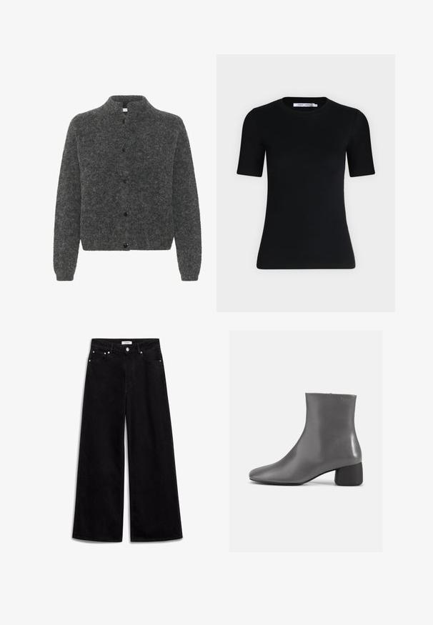 Grå, fuzzy cardigan med høj krave, der har knaplukning foran og lange ærmer. Lavet af blødt materiale med en tekstureret overflade.; Sort tætsiddende T-shirt med korte ærmer og rund halsudskæring, med et mærke indvendigt i kraven mod en ensartet lys baggrund.; Sorte vidde jeans lavet af denim, med høj talje, fem lommer og sølv hardware detaljer. Glat tekstur, enkelt design.; Grå læder ankelstøvle med et slankt design, spidse tæer og en kort blokhæl. Glat tekstur med minimal branding på siden.