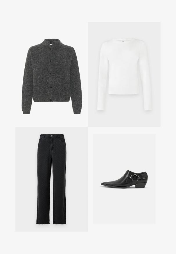 Grijze, donzige cardigan met een staande kraag, voorzien van een knoopsluiting en lange mouwen. Gemaakt van zacht materiaal met een gestructureerde afwerking.; Langsleeve, ronde hals shirt in effen witte stof. Heeft een aansluitende pasvorm met een gladde textuur en een subtiele merklogo bij de hals.; Zwarte gestructureerde wijde jeans met voorzakken en een knoopsluiting op een effen achtergrond.; Zwarte leren enkellaarzen met een spitse neus, voorzien van een leren band aan de voorkant en een zilveren gesp detail, en een lage, blokhak.