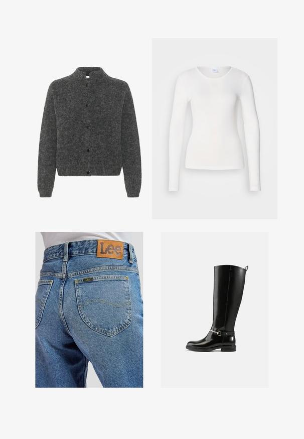 Grijze, donzige cardigan met een staande kraag, voorzien van een knoopsluiting en lange mouwen. Gemaakt van zacht materiaal met een gestructureerde afwerking.; Witte lange mouwen shirt gemaakt van een zachte, gladde stof; heeft een ronde halslijn en een aansluitende vorm, zonder patronen of versieringen.; Blauwe spijkerbroek met achterzakken met gele stiksels en een bruin leren Lee-merkpatch op de tailleband.; Zwarte kniehoge laarzen van glanzend leer, met een zilveren gespdetail op de enkel en een afgeronde neus. Platte zool.