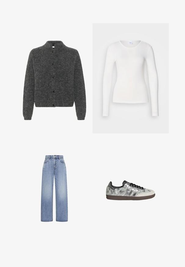 Grå, fuzzy cardigan med høj krave, der har knaplukning foran og lange ærmer. Lavet af blødt materiale med en tekstureret overflade.; Hvid langærmet skjorte lavet af et blødt, glat stof; har en rund halsudskæring og en tætsiddende facon uden mønstre eller pynt.; Lyseblå jeans med højtaljede og vide ben med foran knap- og lynlås-lukning samt fem-lomme design på hvid baggrund.; Lavtop sneaker med sølvmetallic sider, hvid ruskindsspids, sorte snørebånd og brun gummisål.