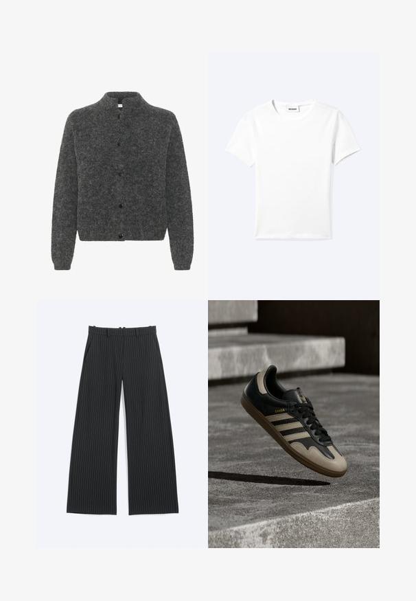 Grå, fuzzy cardigan med høj krave, der har knaplukning foran og lange ærmer. Lavet af blødt materiale med en tekstureret overflade.; Ensfarvet hvid t-shirt med korte ærmer og rund halsudskæring med en lille "WEEKDAY" label indeni halskanten, vist fladt på en lys baggrund.; Sorte vidde bukser med tynde hvide nålestriber, bæltestropper, forlommer og en skjult lukning foran.; Sort og beige lædersneaker med tre hvide striber, tanfarvet gummisål og gyldent "Samba"-detalje på siden.