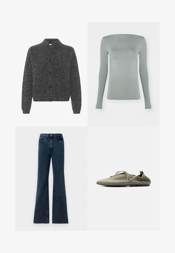 Grå, fuzzy cardigan med høj krave, der har knaplukning foran og lange ærmer. Lavet af blødt materiale med en tekstureret overflade.; Langærmet top i lys grå, lavet af strækbart materiale. Har bådudskæring og tætsiddende silhuet uden synlige mønstre eller hardware.; Mørkeblå højtaljede viddejeans med forlommer, bæltestropper og knaplukning.; Lys olivengrøn blød stofsko med tynd sål og snørre, vist i siddeprofil på ensfarvet hvid baggrund.
