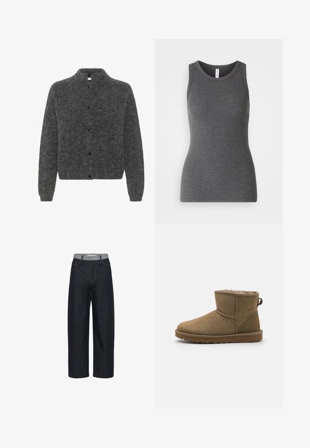 Grijze, donzige cardigan met een staande kraag, voorzien van een knoopsluiting en lange mouwen. Gemaakt van zacht materiaal met een gestructureerde afwerking.; Grijze mouwloze tanktop van ribmateriaal; heeft een ronde halslijn en een getailleerd ontwerp. Geen patronen of extra accenten.; Donkerblauwe denim spijkerbroek met brede pijpen, lichtgrijze tailleband en voorzakken, weergegeven tegen een witte achtergrond.; Bruine suède enkelboot met een zachte, pluizige voering, ronde neus en een lusaccent aan de achterkant. Vlakke rubberen zool met een gestructureerde grip.