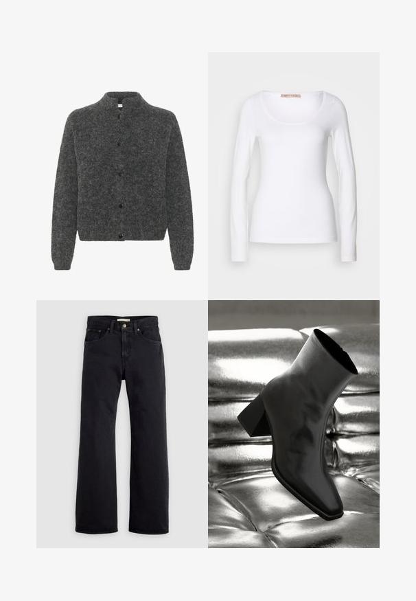 Grijze, donzige cardigan met een staande kraag, voorzien van een knoopsluiting en lange mouwen. Gemaakt van zacht materiaal met een gestructureerde afwerking.; Witte katoenen T-shirt met lange mouwen, voorzien van een ronde halslijn en een getailleerd ontwerp, met een gladde textuur en zonder versieringen.; Zwarte high-waist straight-leg jeans met vooraan knoop- en ritssluiting en een ontwerp met vijf zakken, tegen een effen lichte achtergrond.; Zwarte enkellaarsjes van glanzend materiaal met een vierkante neus en taps toelopende hak, afgezet tegen een glanzende zilveren gecapitonneerde achtergrond.