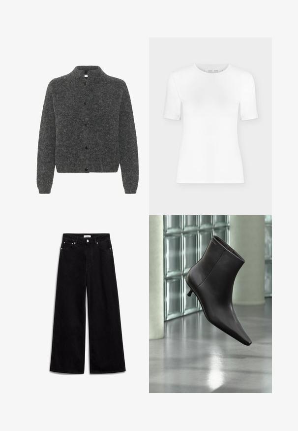 Grå, fuzzy cardigan med høj krave, der har knaplukning foran og lange ærmer. Lavet af blødt materiale med en tekstureret overflade.; Hvid T-shirt med rund hals, korte ærmer, slank pasform og ribbet stofstruktur, vist på en ensfarvet lys grå baggrund.; Sorte vidde jeans lavet af denim, med høj talje, fem lommer og sølv hardware detaljer. Glat tekstur, enkelt design.; Sort læderankelstøvle med spids tå og lille hæl vist mod en væg af glasblokke og poleret gulv baggrund.