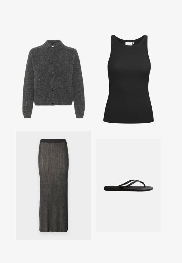 Grå, fuzzy cardigan med høj krave, der har knaplukning foran og lange ærmer. Lavet af blødt materiale med en tekstureret overflade.; Sort tanktop lavet af ribbet materiale, med en scooped halsudskæring og en tætsiddende form. Flade sømme og ingen udsmykninger. Enkel og strømlinet design.; Strikket midi-nederdel i mørkegrå med lodret ribbing, en tætsiddende silhuet og slidser i kanten for nem bevægelse. Blødt, tekstureret stof.; Sort gummiflip-flop sandal med tekstureret fodseng og tynde Y-formede remme på en ensartet hvid baggrund.