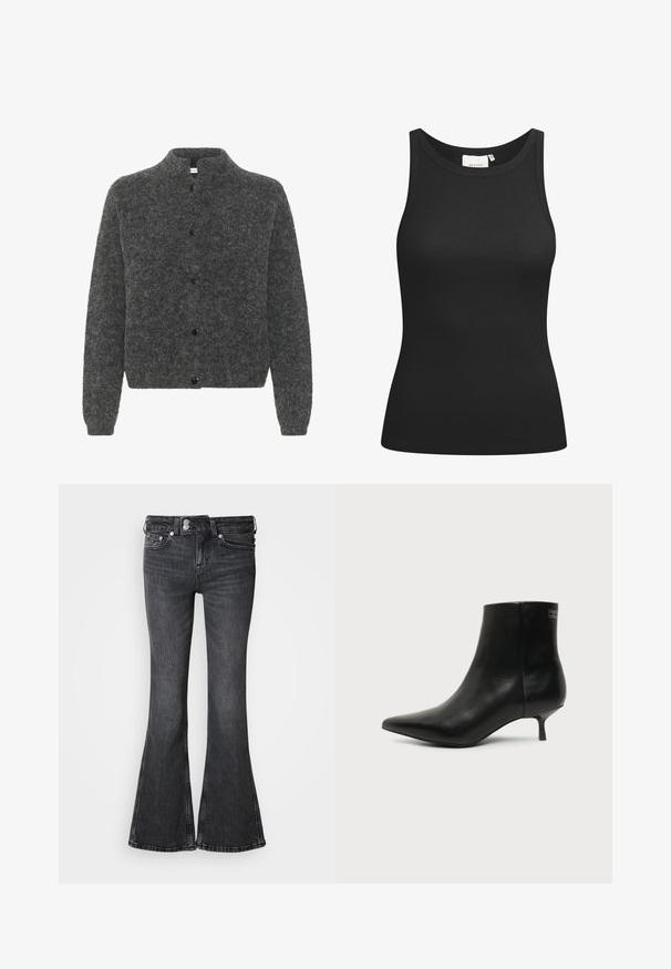 Grå, fuzzy cardigan med høj krave, der har knaplukning foran og lange ærmer. Lavet af blødt materiale med en tekstureret overflade.; Sort tanktop lavet af ribbet materiale, med en scooped halsudskæring og en tætsiddende form. Flade sømme og ingen udsmykninger. Enkel og strømlinet design.; Sorte jeans med vidde, lavet af denim, med talje i midten, fem lommer og en syet kant. Dekorativt logo på bageste linning.; Sort læder ankelstøvle med spids tå og lav kitten hæl på lys baggrund, der viser yderside.