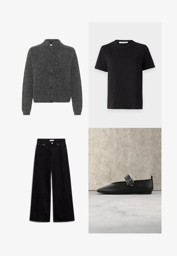 Cardigan gris et duveteux avec un col montant, présentant une fermeture à boutons et des manches longues. Fabriqué à partir d'un matériau doux avec une finition texturée.; T-shirt noir à manches courtes en coton doux, avec un col rond, une coupe décontractée et une texture lisse. Pas de motifs ni de graphiques visibles.; Jean large noir en denim, avec une taille haute, cinq poches et des accents en métal argenté. Texture lisse, design épuré.; Chaussure plate en cuir noir avec un bout pointu et une bride latérale, ornée de ferrures argentées. Texture lisse sur un fond de tapis neutre.