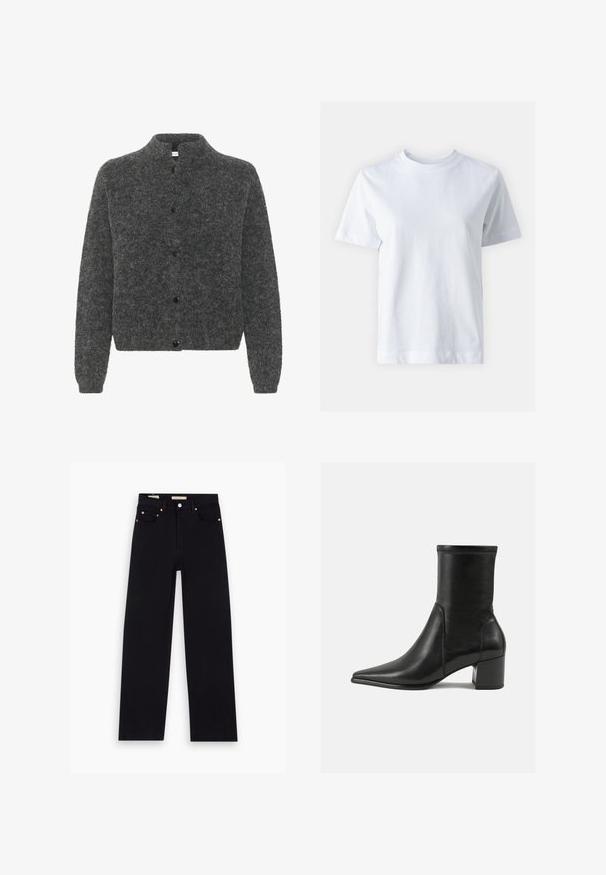 Grå, fuzzy cardigan med høj krave, der har knaplukning foran og lange ærmer. Lavet af blødt materiale med en tekstureret overflade.; Hvid bomulds t-shirt med rund halsudskæring, korte ærmer, lige snit og glat tekstur. Ingen mønstre eller dekorationer.; Sorte denim jeans med lige pasform, fem lommer, kobberdetaljer og en glat tekstur. To mærker synlige på taljebåndet.; Sorte ankelstøvler lavet af glat læder, med spids tå, en blokhæl og markant hævet syning ved den øverste kant.