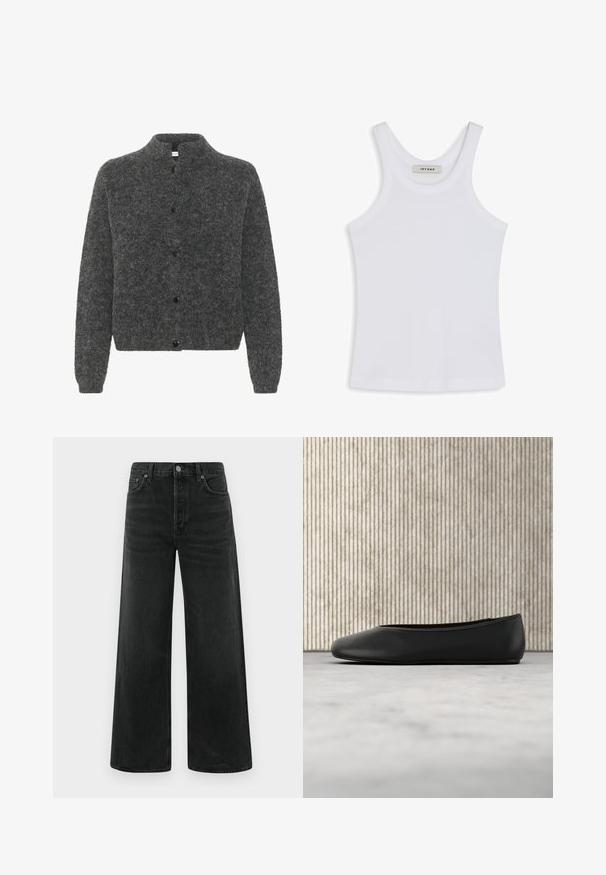 Grijze, donzige cardigan met een staande kraag, voorzien van een knoopsluiting en lange mouwen. Gemaakt van zacht materiaal met een gestructureerde afwerking.; Witte tanktop van gladde stof, met een ronde halslijn en brede schouderbanden, met een label binnenin waarop "IVY OAK" staat.; Zwarte denim jeans met wijde pijpen en een hoge taille, voorzien van zakken aan de voorkant en een klassieke knoopsluiting. De stof heeft een gladde, licht gestructureerde afwerking.; Zwarte leren balletflat met een afgeronde neus, een gladde textuur en een gouden logoaccent aan de zijkant. Geplaatst boven een reflecterend oppervlak.