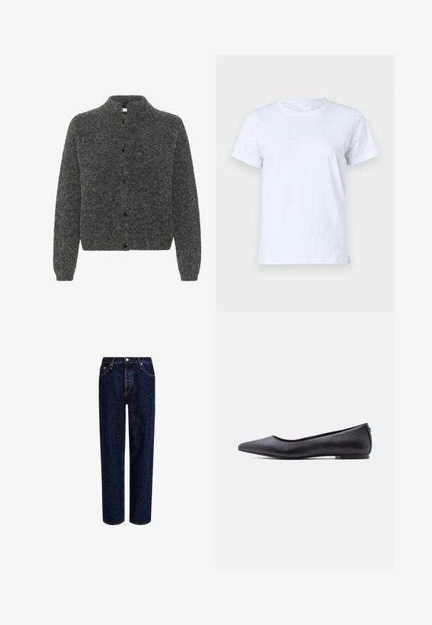 Grå, fuzzy cardigan med høj krave, der har knaplukning foran og lange ærmer. Lavet af blødt materiale med en tekstureret overflade.; Hvid bomulds T-shirt, korte ærmer, klassisk crew neck design, ensartet tekstur uden mønstre eller accenter, standard pasform, enkel og alsidig.; Mørkeblå denim jeans med lige ben-design, der har høj talje, fem-lomme-stil og kontrastsyninger. Ingen dekorationer.; Sort flad lædersko med spidst tåparti og lav hæl, vist i sideprofil mod en hvid baggrund.