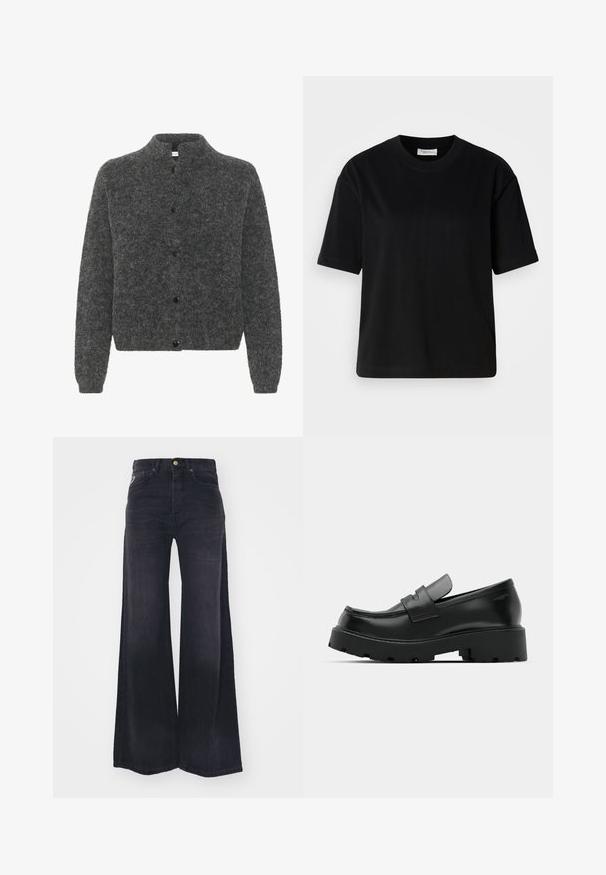 Grå, fuzzy cardigan med høj krave, der har knaplukning foran og lange ærmer. Lavet af blødt materiale med en tekstureret overflade.; Sort bomulds T-shirt med korte ærmer, rund halsudskæring og en afslappet pasform. Glat tekstur og minimal design uden synlige mønstre eller accenter.; Sorte højtaljede jeans med vide ben, foran med knapper og lynlås samt fem-lomme design.; Sorte læder loafers med en chunky tekstureret sål, der har en rem over vamps og en glat, poleret finish.