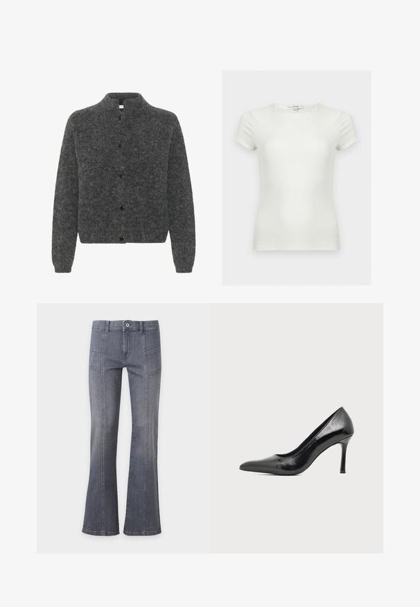 Grijze, donzige cardigan met een staande kraag, voorzien van een knoopsluiting en lange mouwen. Gemaakt van zacht materiaal met een gestructureerde afwerking.; Effen witte aansluitende T-shirt met korte mouwen en ronde hals, getoond op een neutrale achtergrond.; Donkergrijze spijkerbroek met een hoge taille, knoopsluiting, voornaad en licht uitlopende pijpen tegen een effen achtergrond.; Zwarte lakleren damesschoen met hoge hak, puntige neus en smalle hak op een effen lichte achtergrond.