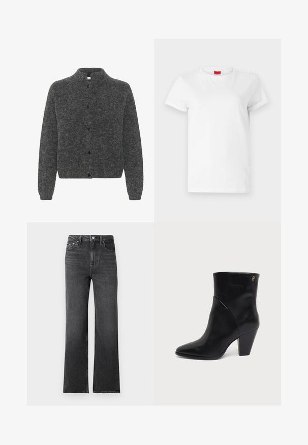 Grå, fuzzy cardigan med høj krave, der har knaplukning foran og lange ærmer. Lavet af blødt materiale med en tekstureret overflade.; Hvid kortærmet t-shirt lavet af letvægts bomuld. Har en rund halsudskæring og rullede ærmer. Rød logoetiket på kraven.; Sorte brede jeans lavet af denim med en falmet tekstur. Har knaplukning og forlommer. Ren afslutning med minimal detaljer.; Sort læderankelstøvle med spids tå, blokhæl og lille gyldent logo nær den øverste kant på ydersiden.