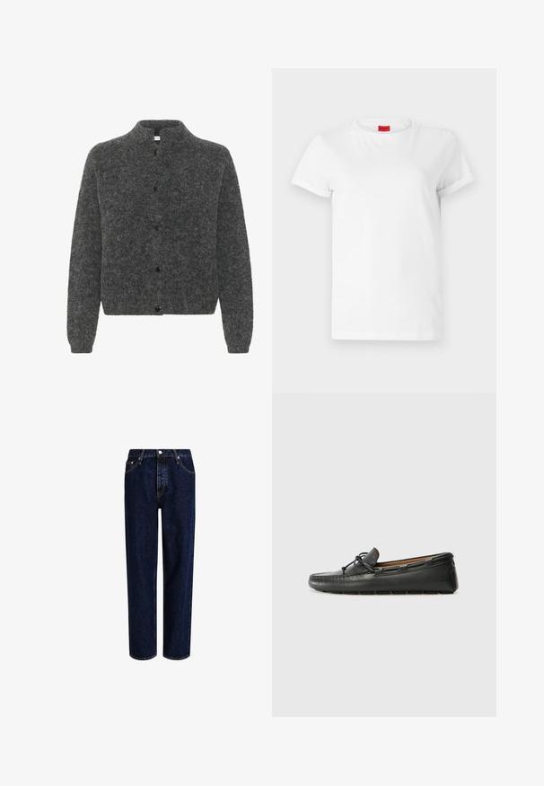 Grå, fuzzy cardigan med høj krave, der har knaplukning foran og lange ærmer. Lavet af blødt materiale med en tekstureret overflade.; Hvid kortærmet t-shirt lavet af letvægts bomuld. Har en rund halsudskæring og rullede ærmer. Rød logoetiket på kraven.; Mørkeblå denim jeans med lige ben-design, der har høj talje, fem-lomme-stil og kontrastsyninger. Ingen dekorationer.; Sorte læder bådsko med afrundet tå, stikninger, lille sløjfedetalje og gummisål. Glat tekstur og strømlinet design.