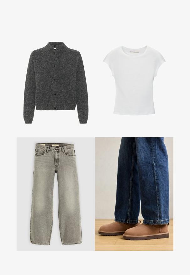 Grijze, donzige cardigan met een staande kraag, voorzien van een knoopsluiting en lange mouwen. Gemaakt van zacht materiaal met een gestructureerde afwerking.; Witte katoenen T-shirt met korte, opgerolde mouwen, een ronde halslijn en een rechte zoom. Gladde textuur zonder zichtbare patronen of accenten.; Lichtgrijze, ruime jeans gemaakt van denim. Heeft een traditionele vijf-pocketstijl en een lichte vervaging door de stof.; Bruine suède enkelboots met een platte zool, ronde neus en een klein aantrek-lipje, gecombineerd met blauwe denim jeans met een rechte pasvorm.