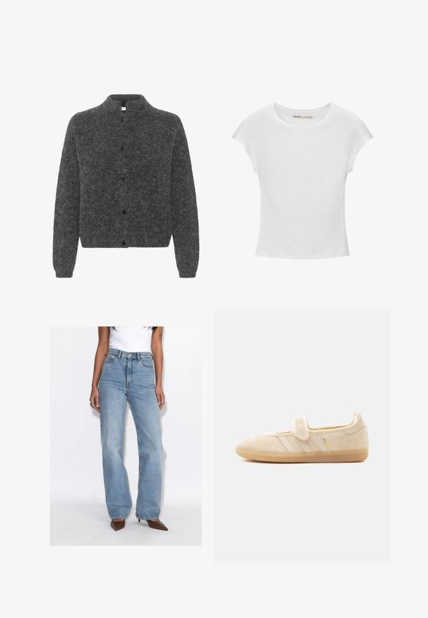 Cardigan gris et duveteux avec un col montant, présentant une fermeture à boutons et des manches longues. Fabriqué à partir d'un matériau doux avec une finition texturée.; T-shirt en coton blanc avec manches courtes retroussées, encolure ronde et ourlet droit. Texture lisse sans motifs ni accents visibles.; Femme portant un jean bleu clair taille haute à jambes droites, un haut blanc sans manches et des talons marron pointus, debout devant un fond blanc.; Baskets Mary Jane en daim beige avec sangle auto-agrippante, semelle en gomme, trois bandes cousues et marquage doré "SAMBA" sur le côté.