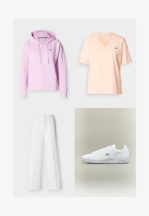 Sweat à capuche zippé rose clair avec cordons de serrage, poches kangourou, poignets côtelés et petit logo crocodile vert sur la poitrine.; T-shirt col V couleur pêche pâle en coton, à manches courtes, avec un petit logo vert Lacoste sur le côté gauche de la poitrine.; Pantalon blanc à jambes larges avec une ceinture élastique et un cordon de serrage. Confectionné en tissu doux avec des coutures verticales pour un look ajusté.; Baskets blanches en matériau synthétique lisse, bout rond, semelle plate, avec logo doré Lacoste sur le côté et le talon. Quatre œillets pour les lacets.