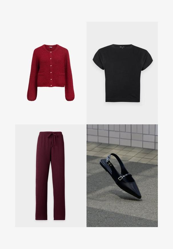 Rød, kort cardigan med lange ærmer, lavet af blødt, struktureret stof. Har knaplukning med guldaccenter og to forlommer.; Sort kortærmet crop top med rund halsudskæring, let udvidede skuldre og tætsiddende pasform på hvid baggrund.; Mørkerøde teksturerede bukser med lige ben og en elastisk linning med en matchende snøre.; Sort flad slingback med spids tå og dobbelte spænder, hvilende på grå asfalt nær flisevæg.