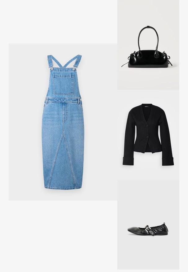 Zwarte cardigan met een diepe V-hals, twee knopen en brede mouwen. De stof lijkt soepel, met een aansluitend ontwerp en getailleerde mouwen.; Lichtblauwe denim tuinbroekjurk met verstelbare schouderbanden, een voorzak, een rechte rok met een subtiele split en een gladde textuur.; Zwarte leren platte schoen met een spitse neus, geplooide details rond de opening en een zilveren gespaccentueerde verstelbare band.; Kleine zwarte glanzende handtas met twee lange hengsels en zijkant trekkoord details op een effen lichte achtergrond.